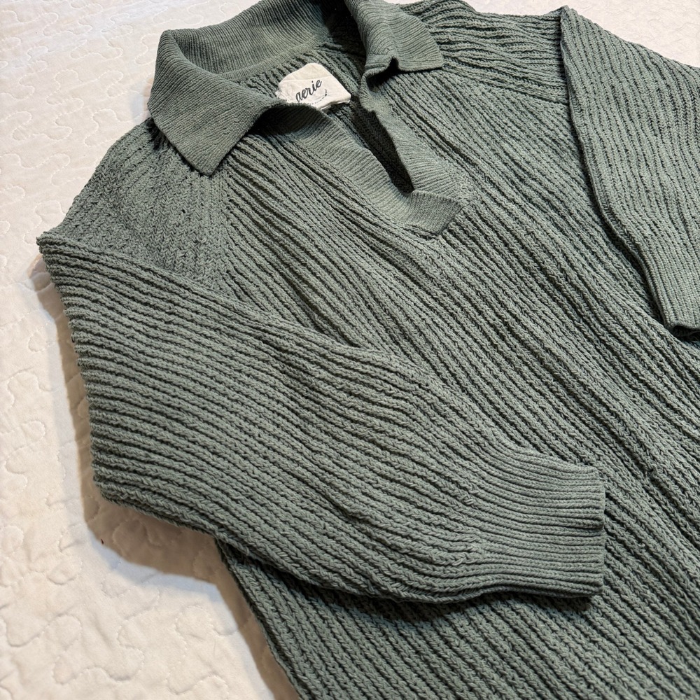Aerie Women Medium Sweater Sage Green Ribbed Chenille Polo Pullover COTTAGECORE